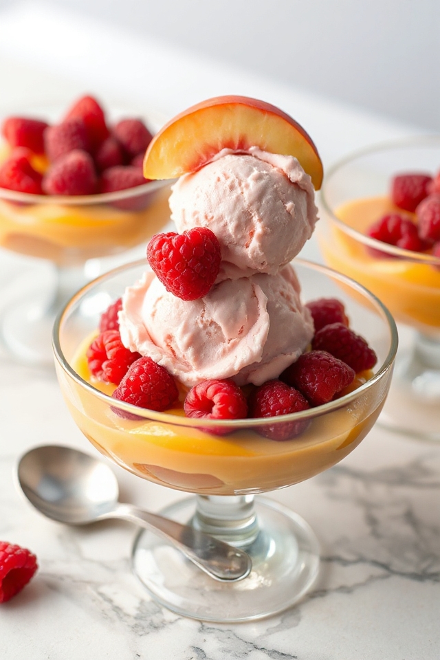 peach melba with raspberries